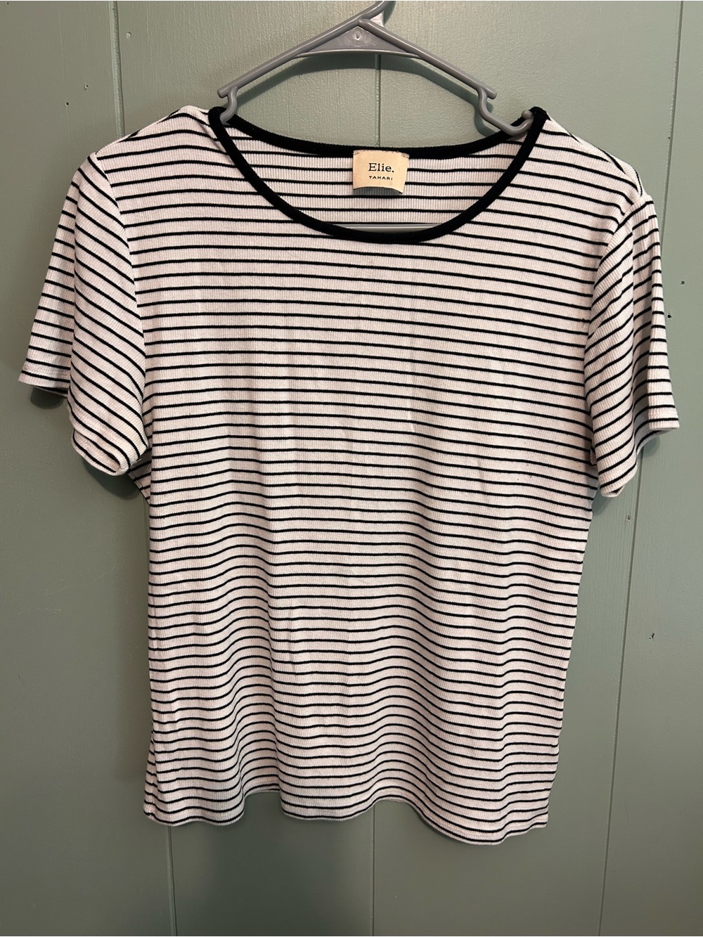 Elie Tahari White Tee with Black Stripes and Black Trim